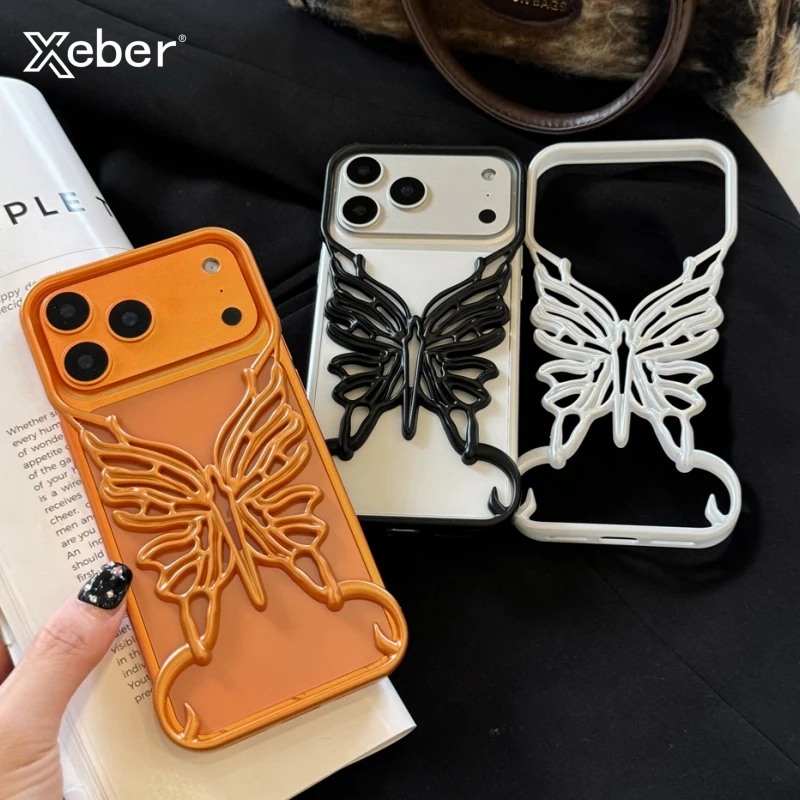Orange 3D Schmetterling Hohl Wärme ableitieren Handyhülle für iPhone 17, 16, 15, 14, 13, 12, 11, Pro Max Plus Air Frosted Hard Back Cover