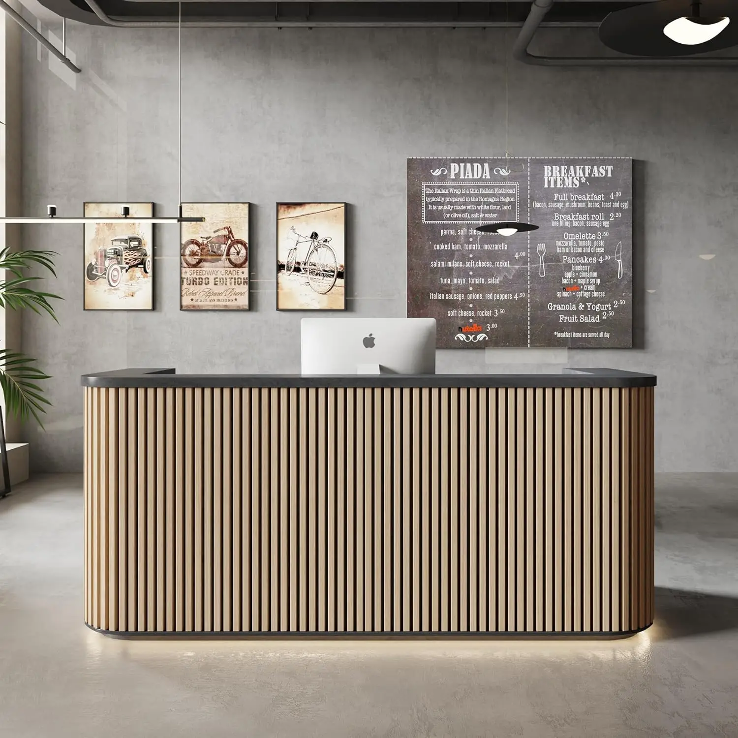 

Изогнутая стойка ресепшн 71 дюйм (180 см) с LED-подсветкой, желто-черная, в стиле середины века, для розничной торговли и салонов красоты