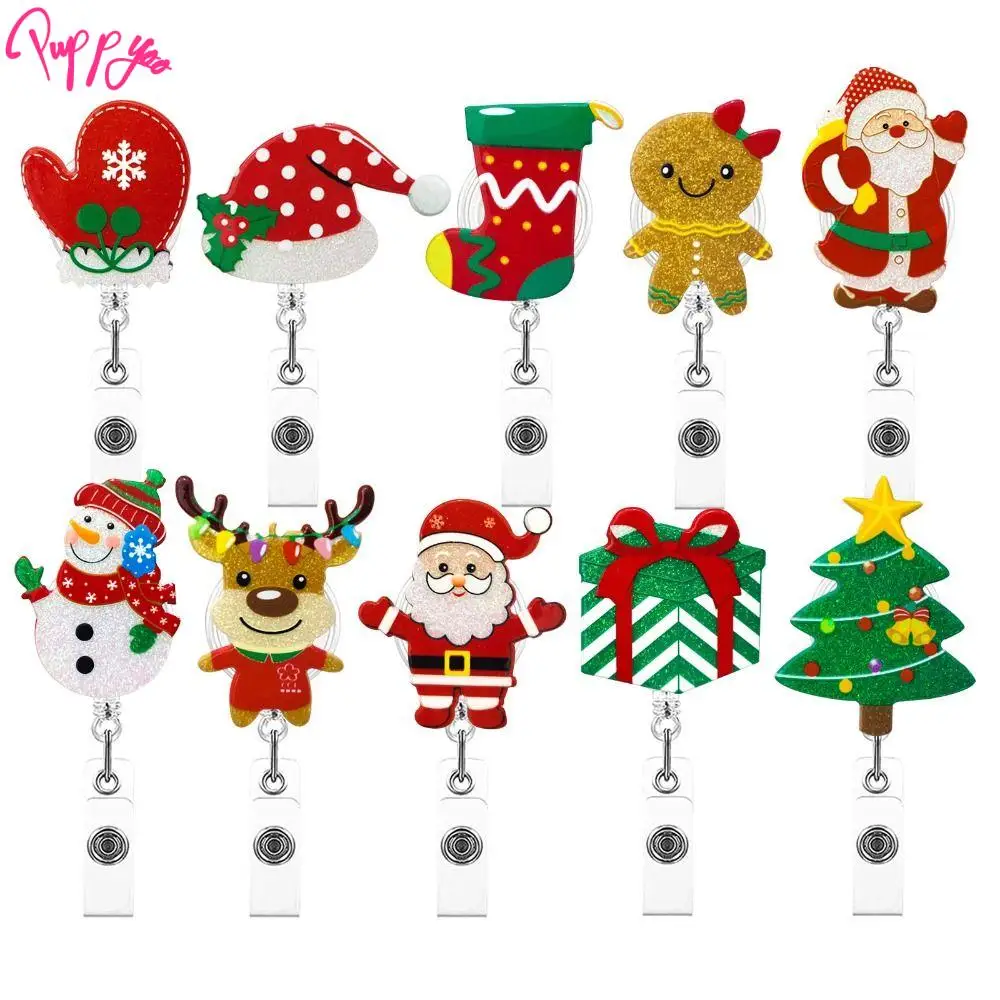 Acrylic Christmas Badge Reel Snowman Elk Santa Claus Retractable Badge Holder Glitter Shiny Xmas Decoration ID Card Holder