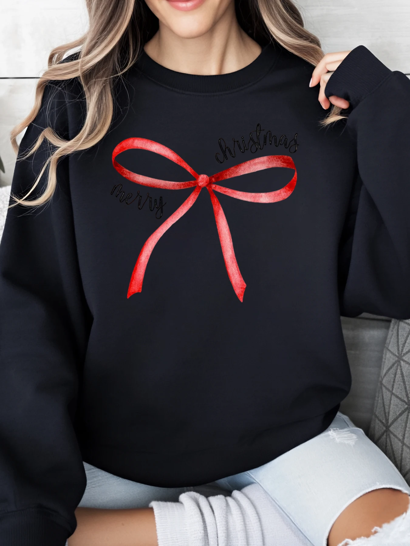 

С Рождеством, красный свитшот с бантом и принтом, праздничная женская повседневная одежда, черный, больших размеров