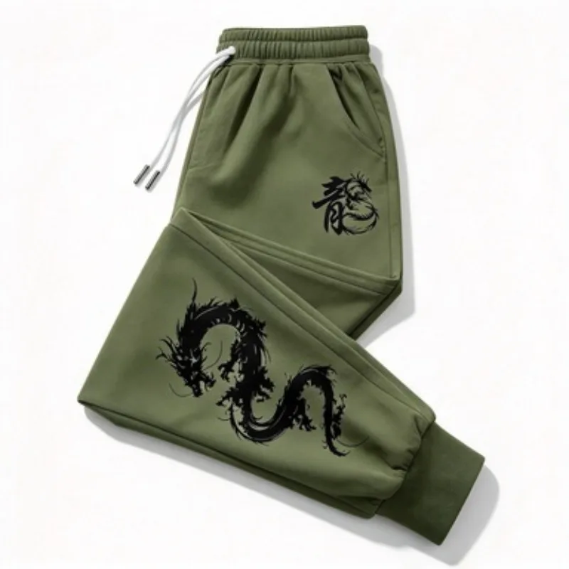 Unisex Jogginghose mit chinesischem Drachen-Grafikdruck, für Damen und Herren, locker geschnitten, weiß, mit Kordelzug, lässige Streetwear-Trainingshose. – Detail 4