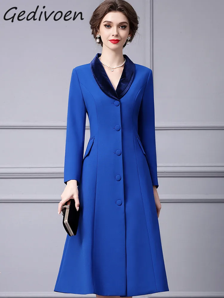 Gedivoen Autumn Fashion Designer Blue Vintage Trench Coat Dress Women's Lapel Single Breasted High Waist Slim Long Trench Coat