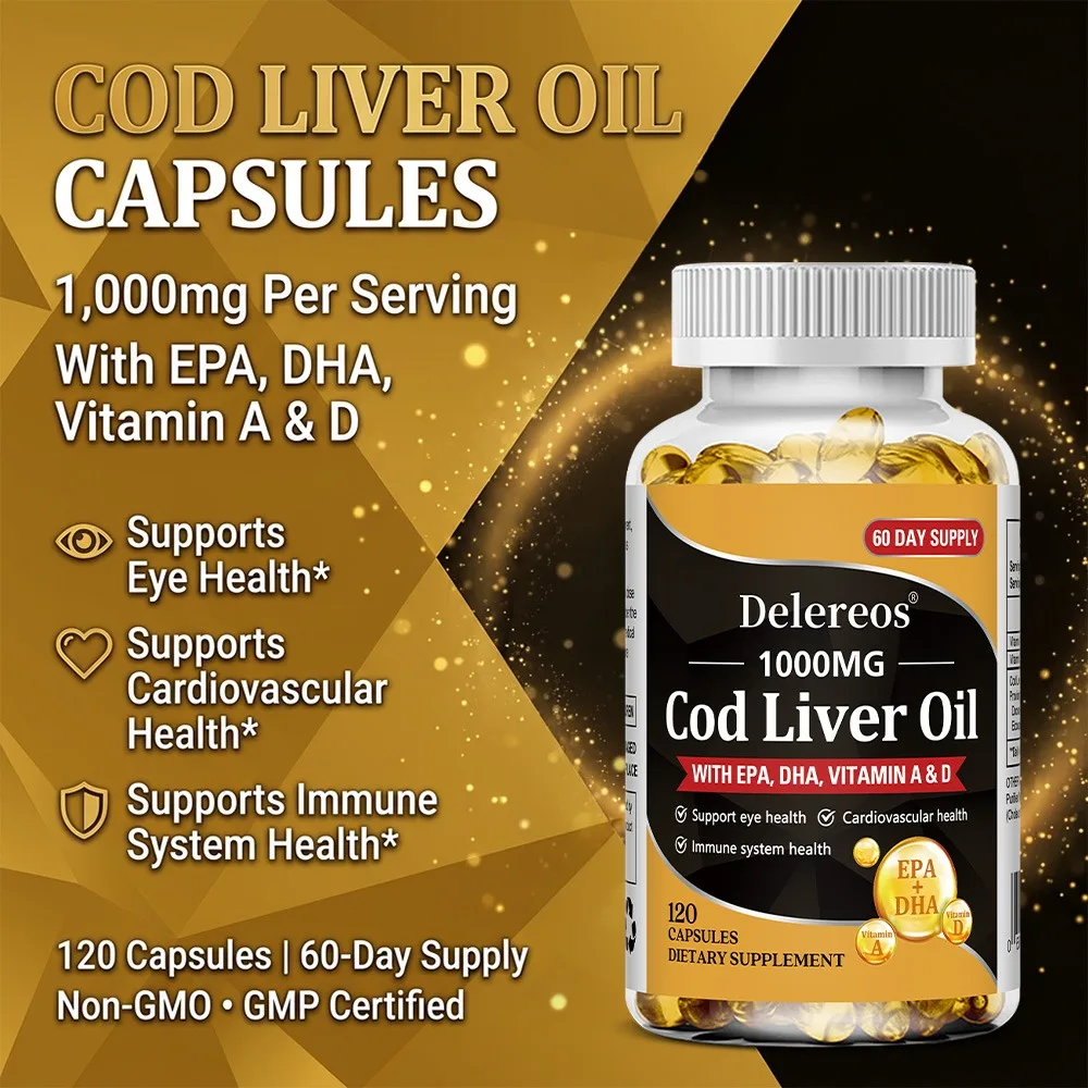 Cod Liver Oil Capsules 1000mg - High Strength Softgels,  Rich in Omega 3 EPA DHA Fatty Acids + Vitamins A & D, 120 Capsules