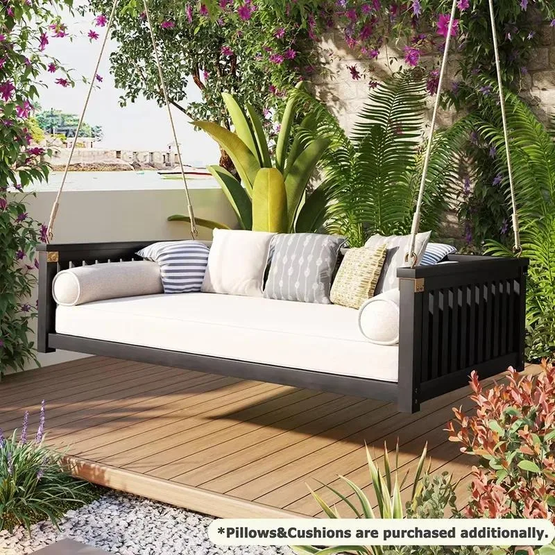Double Size Terrace Swing Bed Acacia Wood Porch Swing with Rope Secure Lean Design Fits Backyard Garden Black