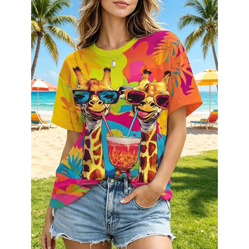 New Summer Women's Tops Rainbow Island Style Printed Short Sleeve Shirt T Shirt  LadiesTShirt