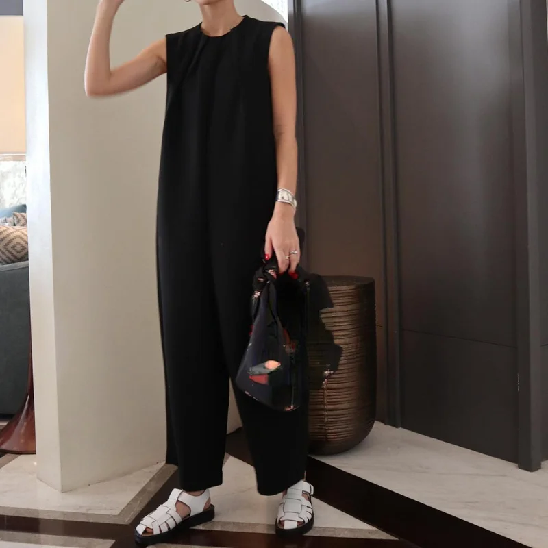 

High Quality Sleeveless Wide Leg Pants Summer O Neck Chic Ruched Design Jumpsuit Women Solid Casual High Waist Jumpsuits