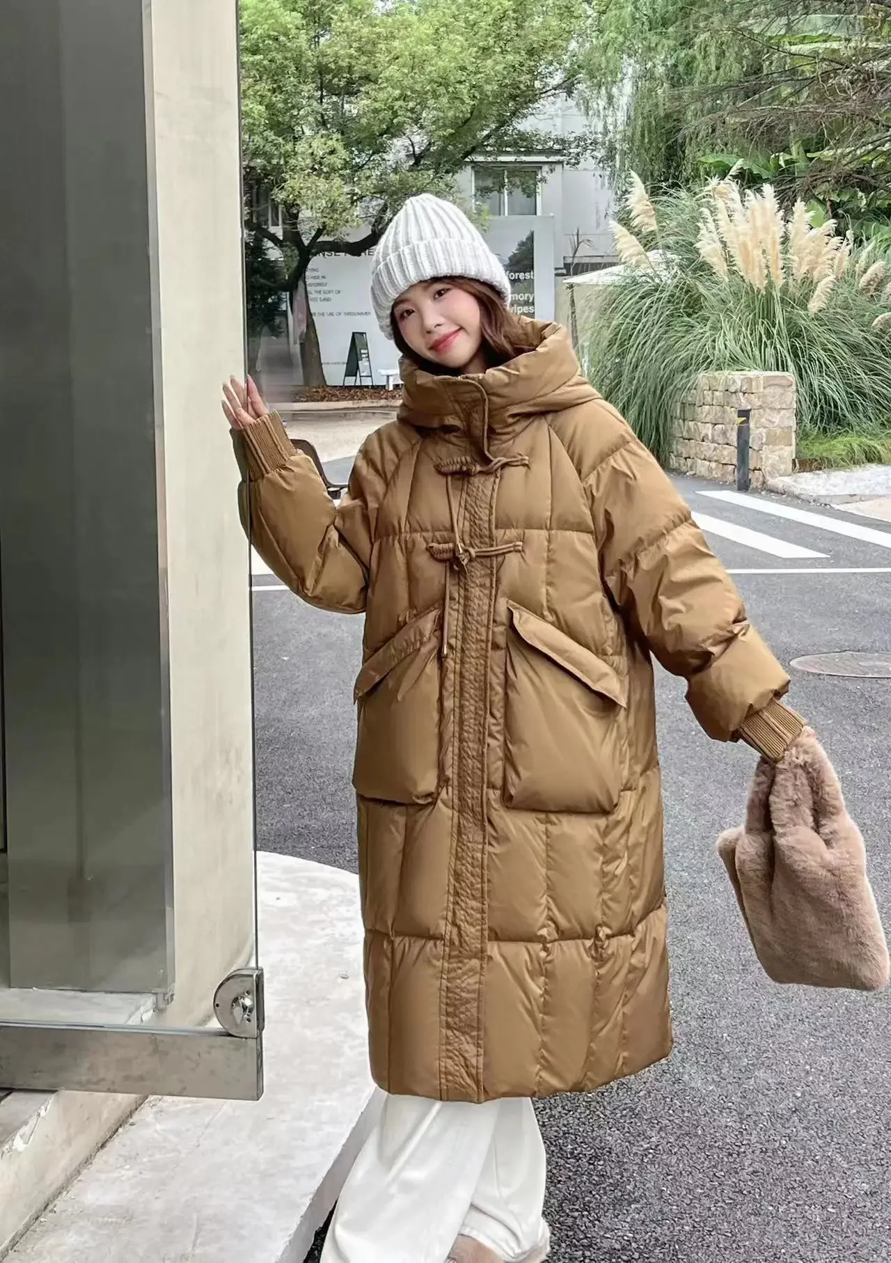 Chaqueta de plumón para mujer, parka holgada con capucha y hebilla de cuerno de vaca, color blanco, invierno, novedad