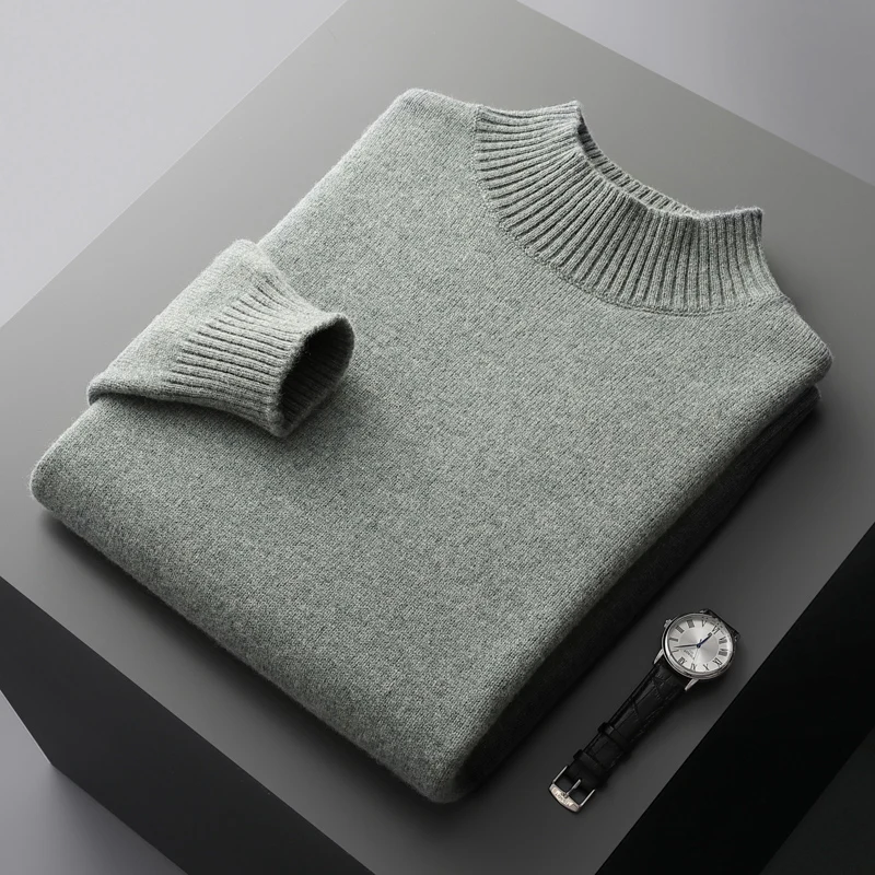 Men\'s 100% pure wool solid color semi-high neck thick business casual loose new knitted cashmere sweater in autumn and winter.