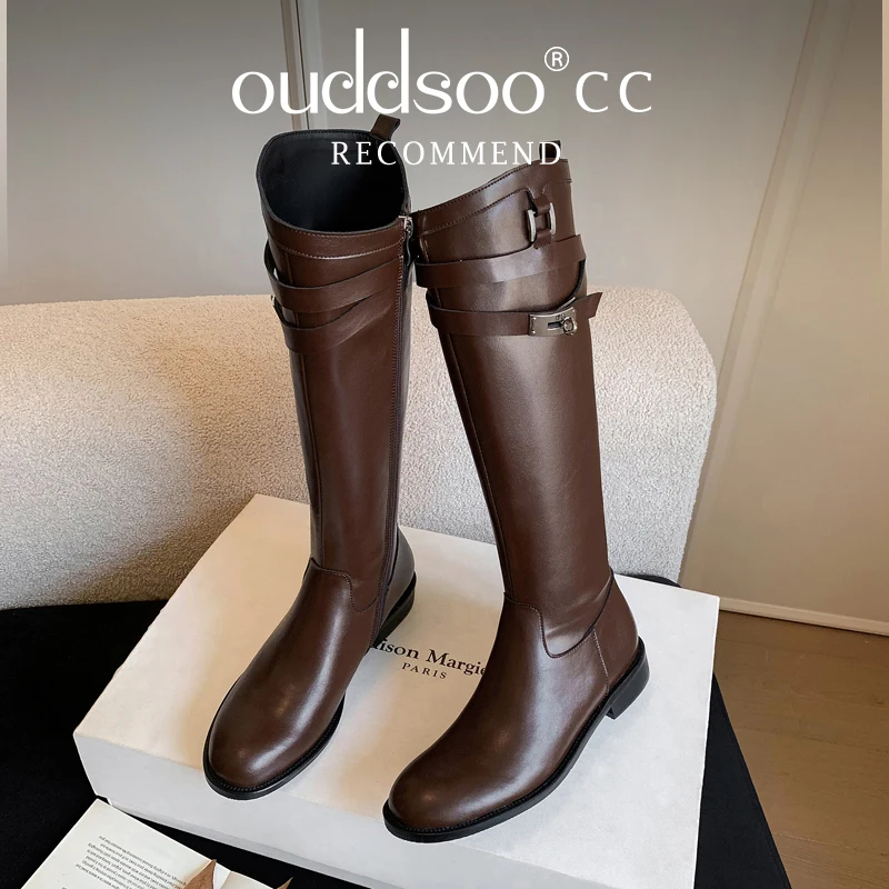 Ods  Black Leather Knee-High Boots Double Buckle Decor Flat Sole Side Zip Fashion Casual Daily Autumn Winter Trendy Riding Boots