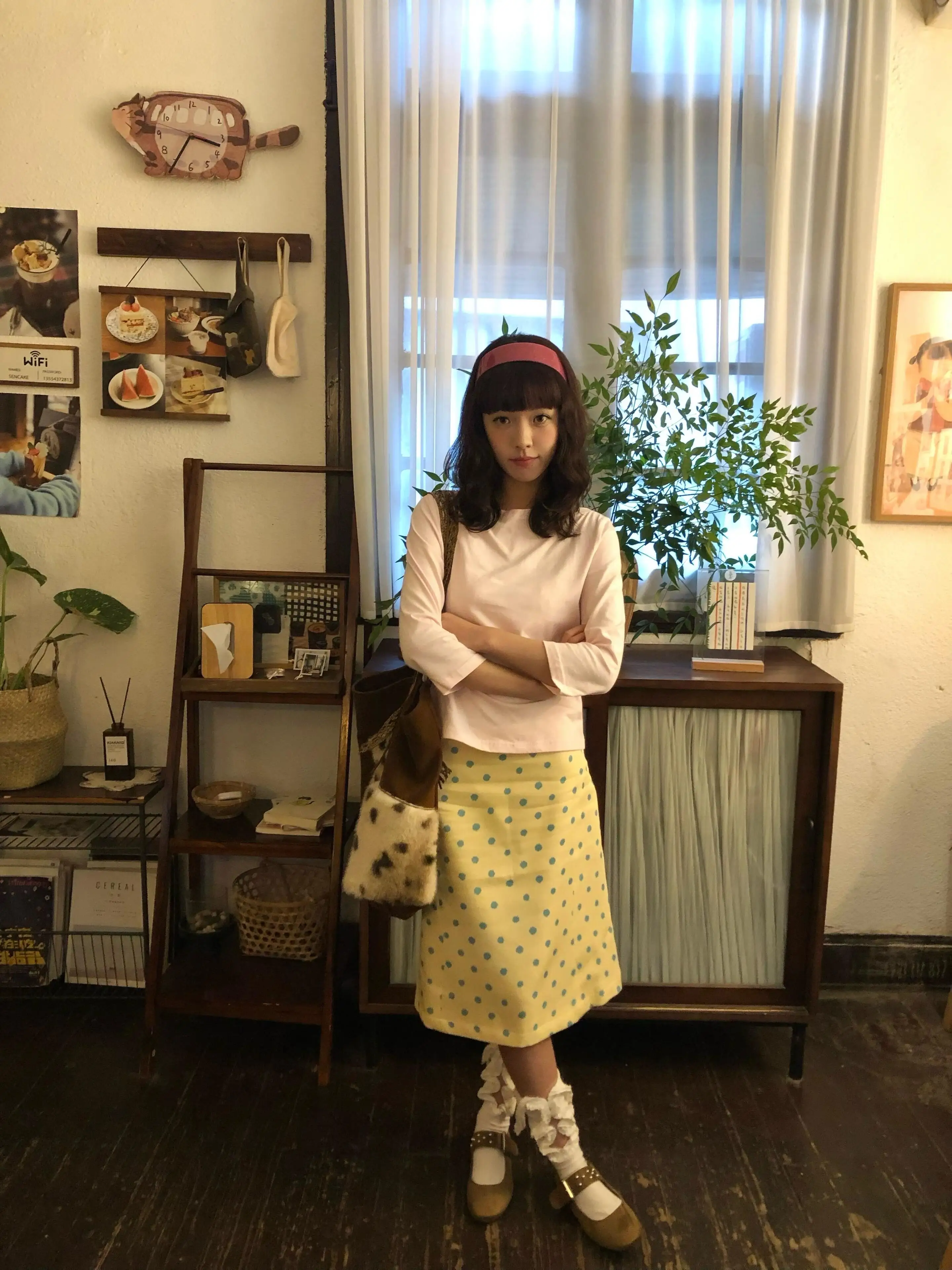 Retro Cheese Yellow Polka Dot Print Half Skirt Women's Spring Autumn New Stand Trim Split Micro Flared Straight mid Length Skirt