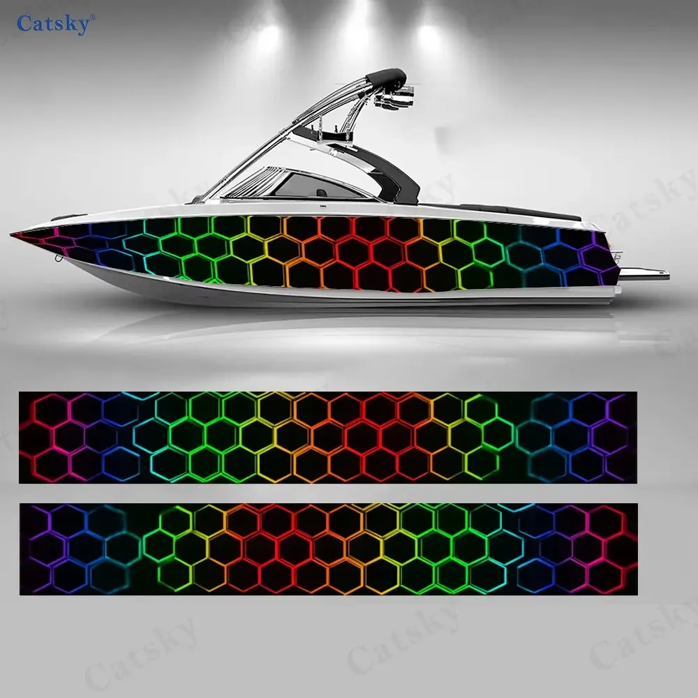 2Pcs Neon Honeycomb Pattern Boat Stickers, PVC Waterproof Durable Vinyl Wrap Decals for Fishing Boat, Durable and Stylish Design