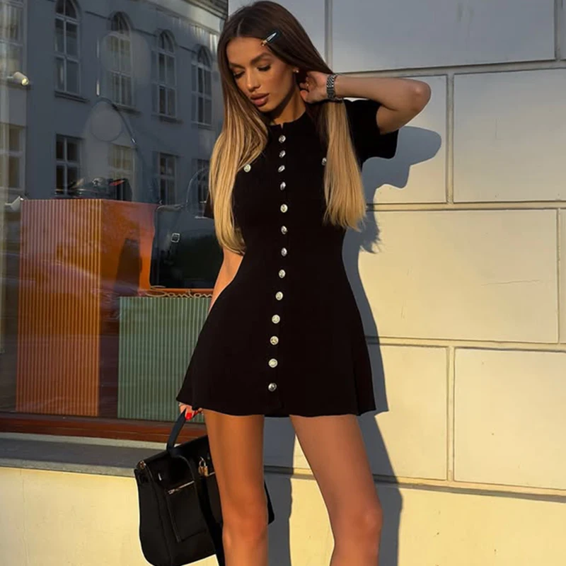 Elegant Knit Mini Dress Women Short Sleeve Elegant Single Breasted A Line Dresses Vintage Old Money Streetwear 2026 Summer New