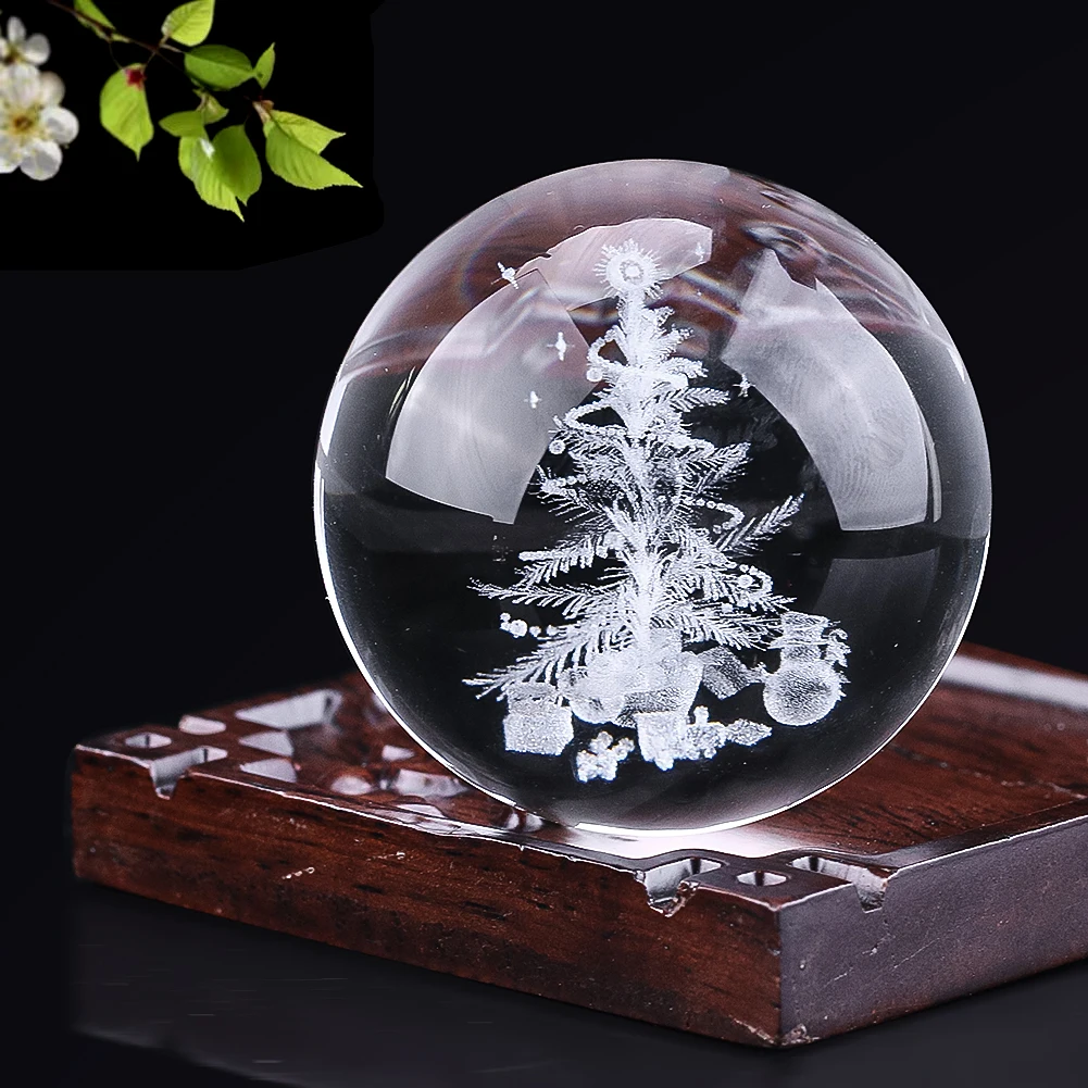 3D Laser Christmas Tree Crystal Ball Glass Paperweight Decorative Ball Art Sphere Globe Display Stand Home Xmas Decoration Props