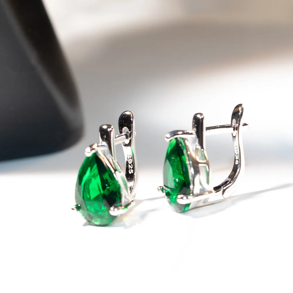 

925 Sterling Silver Fashion Zircon Earrings for Women Green Water Drop 925 Silver Clip Earrings