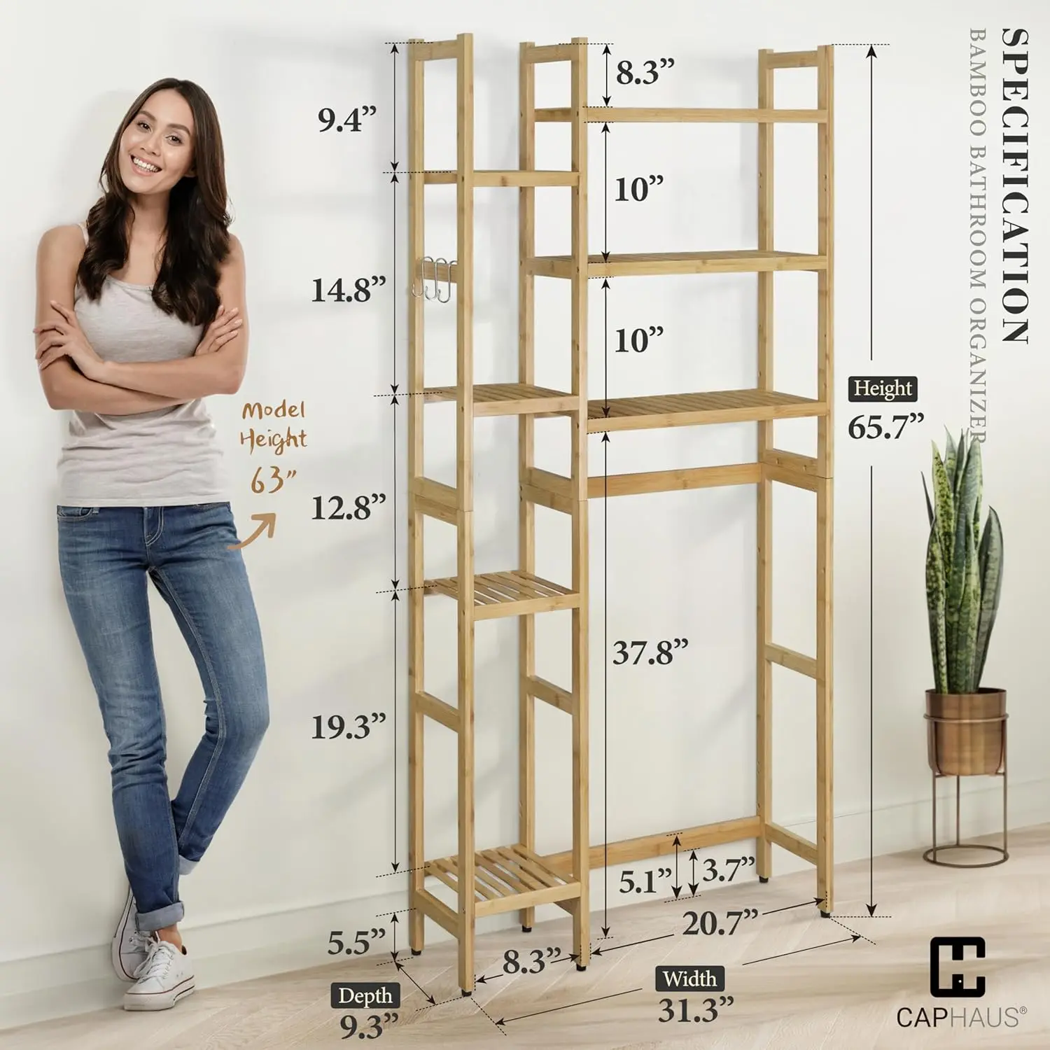 Bamboo toilet storage rack, toilet bathroom rack with hooks and adjustable feet, 31 inch independent toilet rack,