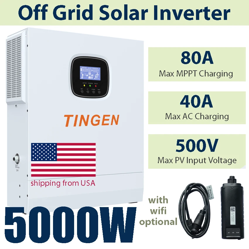 5KW Hybrid Solar Inverter Off Grid 48V Battery to 110V 120V AC Built in 80A MPPT Solar Charge Controller Max 500V Panel