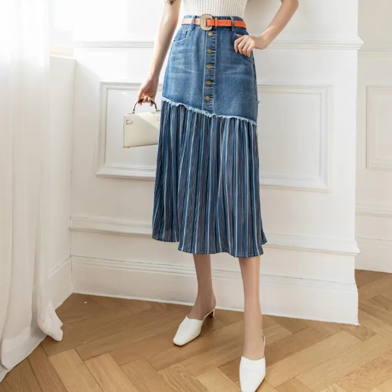 

Denim Skirt For Women 2022 New Spring Summer Fashion High Waist Chiffon Stitching Jean Irregular A-Line Skirt f91