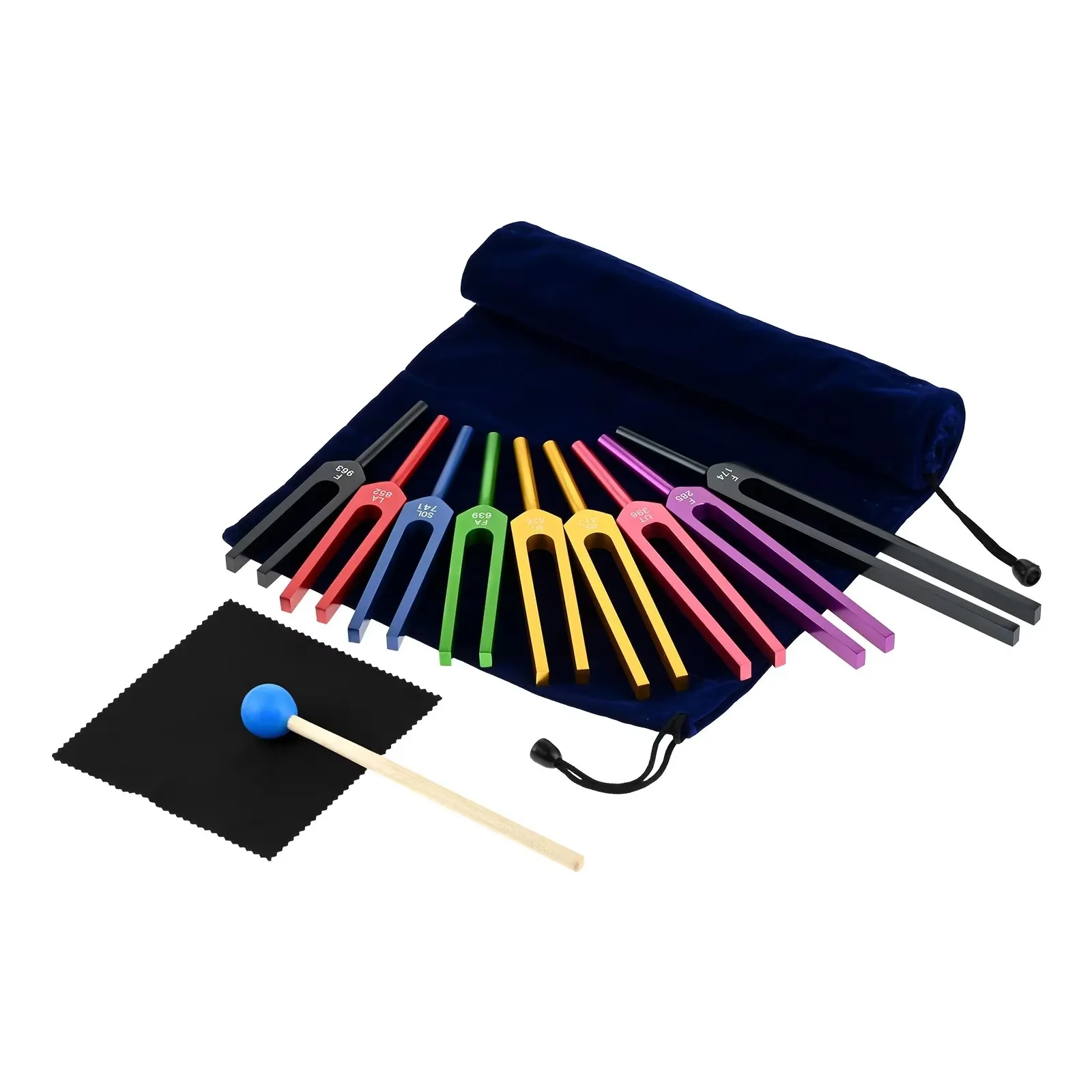 

Набор из 9 алюминиевых камертонов для чакр (Сольфеджио) с молоточком C3 для звукотерапии и массажа тела, души и сердца