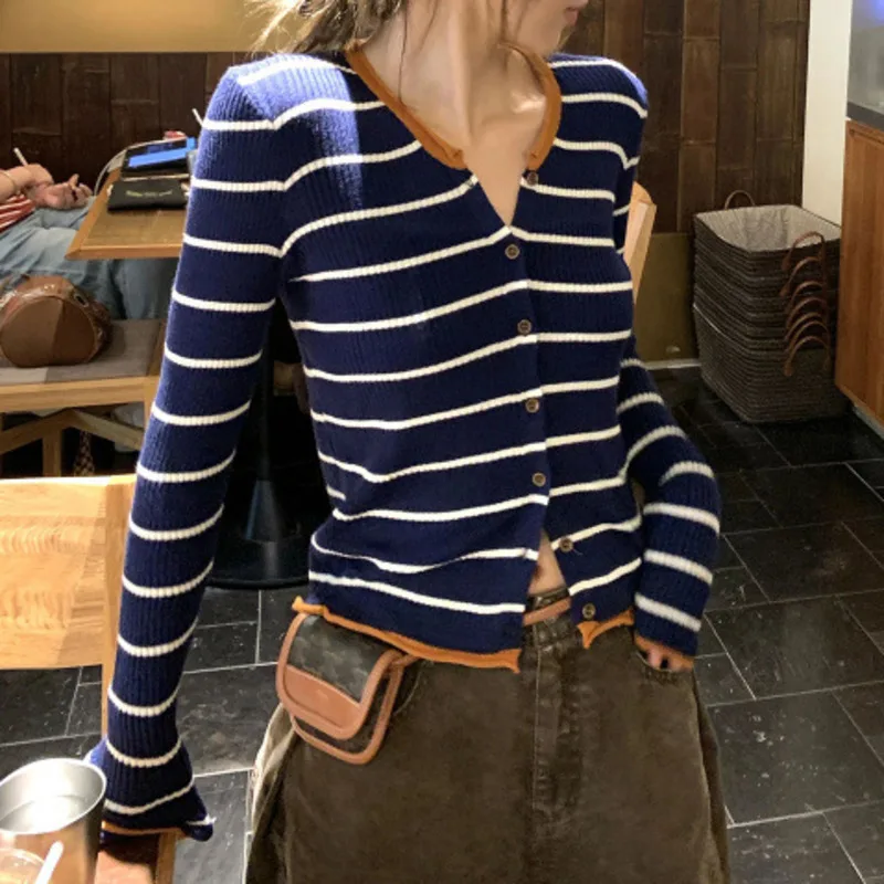 

Color Block Striped Long Sleeve Knitted Sweater Women Great New Style Petite Figures Versatile Slim Fit Long Sleeves Cardigan