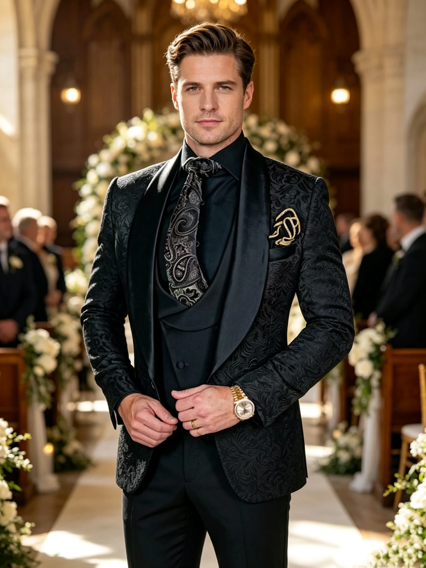 

Fashion Jacquard 3-Piece Men's Tuxedo Suit with Shawl Lapel Slim Fit Blazer Vest Pants for Business Wedding Prom Party