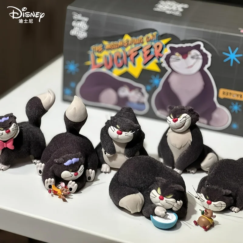 Genuine Disney Bad Cat Lucifer Series Blind Box Flocking Adornment Fashion Anime Figure Model Xmas/Birthday Creative Gifts