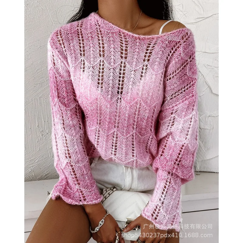 Sweater Jumpers Ombre Hollow Out Skew Neck Gradient Color Sweaters Women Summer Loose Long-Sleeved Knitted Top Knit Sweater