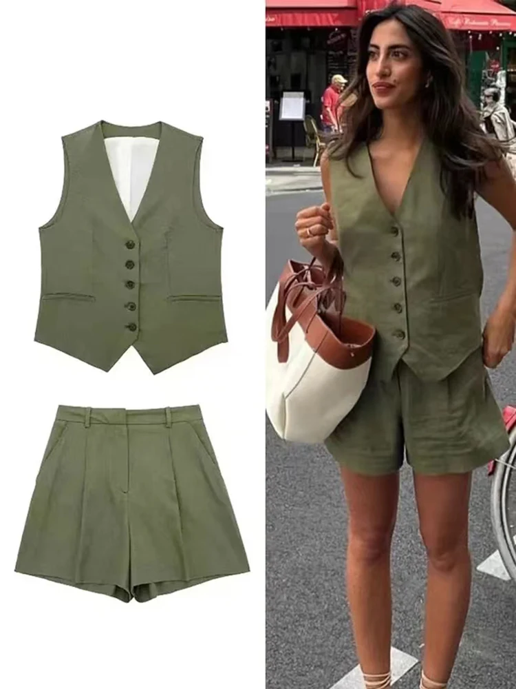 SIYANG Women Elegant Solid Waistcoat Pant Sets Single Breasted V Neck Vest Top + High Waist Slim Shorts Lady Office Wear Suits