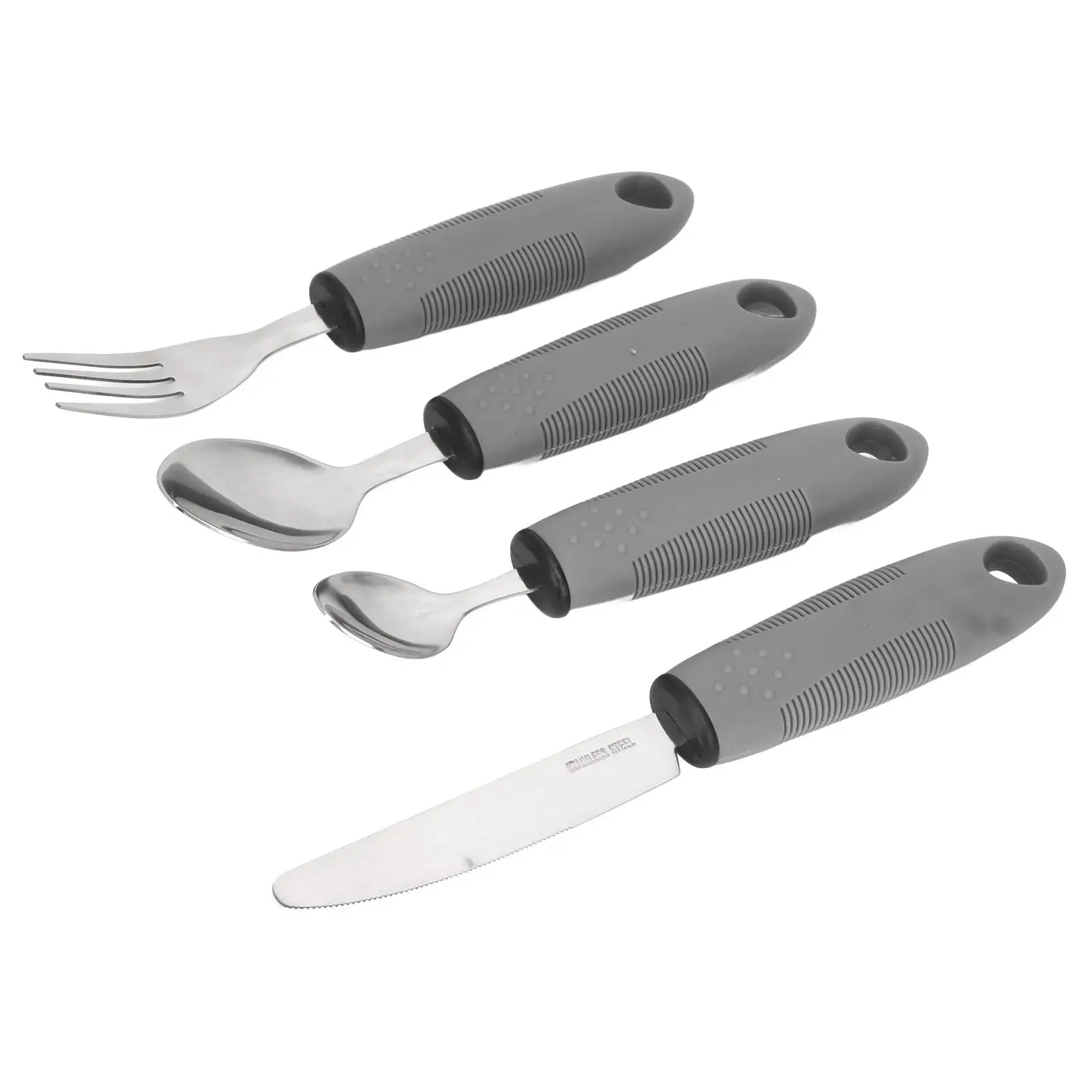 أواني مرجحة متكيفة مقبض مطاطي غير قابل للانزلاق لكبار السن مع ملعقة شوكة سكين من الفولاذ المقاوم للصدأ باللون الرمادي