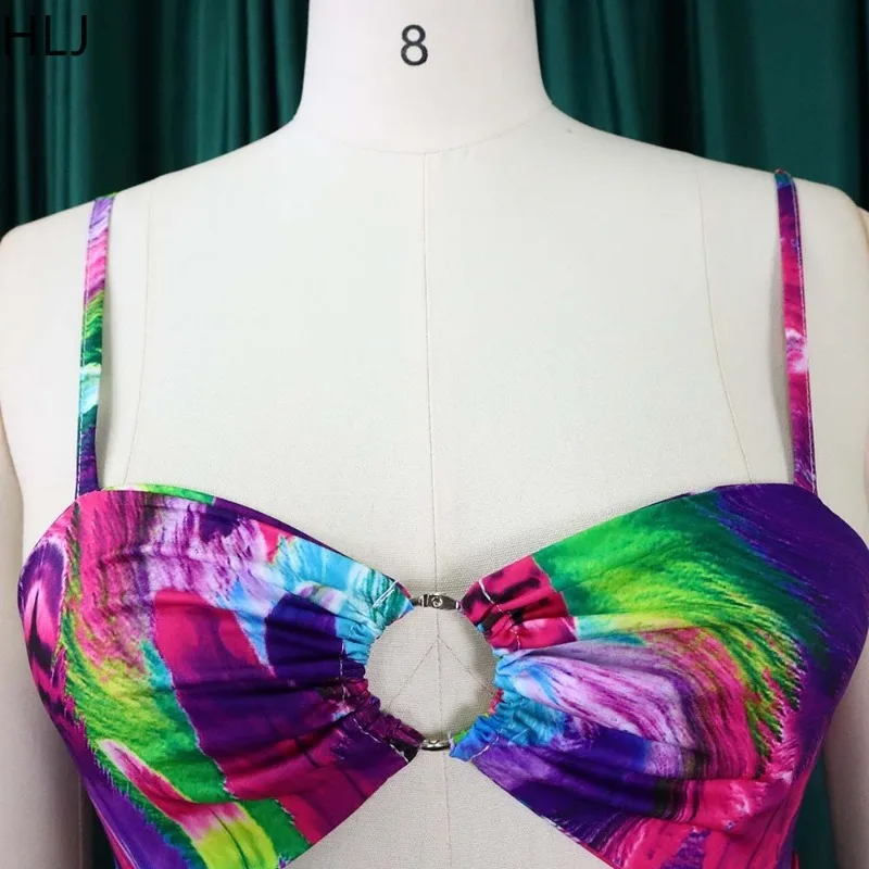 HLJ Elegante stampa a colori Abito lungo Donna Cinghia per spaghetti Vita alta Grande Swing Fit Flare Maxi Dress Beach Sexy Boho Abiti