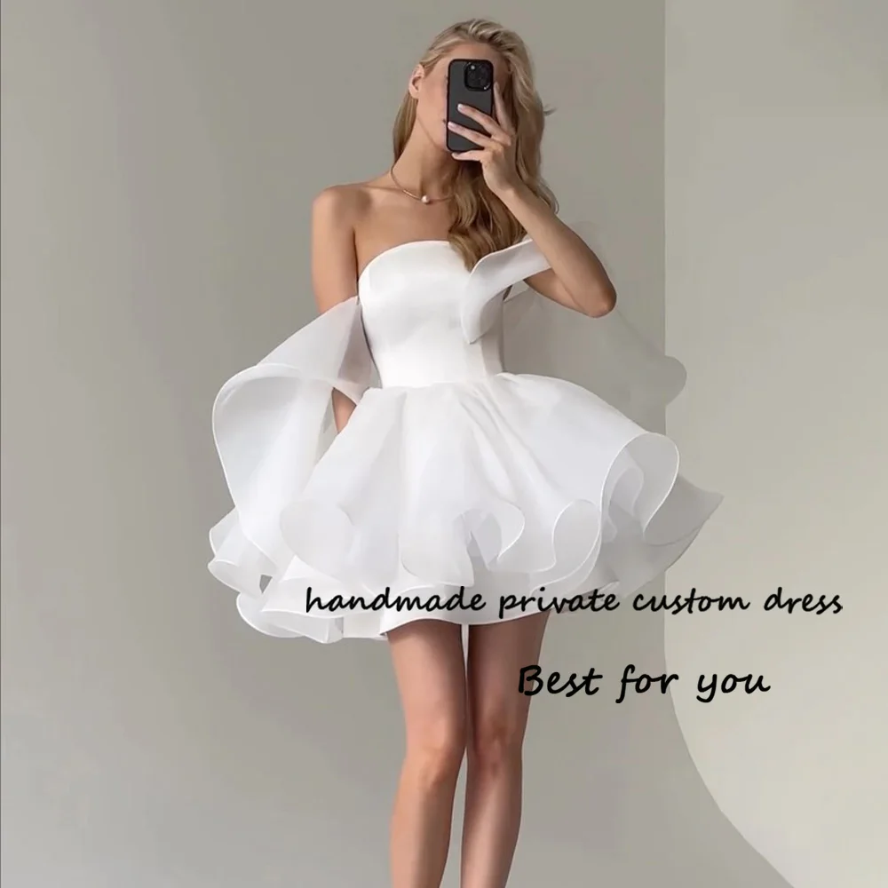 

White Organza Short Wedding Party Dresses Off Shoulder Strapless A Line Mini Ball Gown Prom Dress for Women Evening Formal Gown