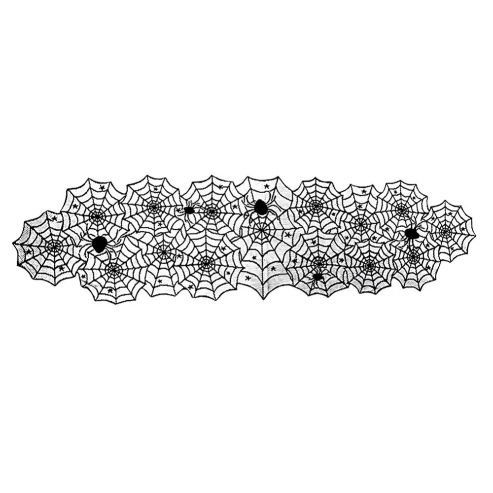 Translucent Spider Web Black Lace Table Runner Mesh Long Strip Halloween Table Cover with Spider Pendant Gothic Lace Tablecloth