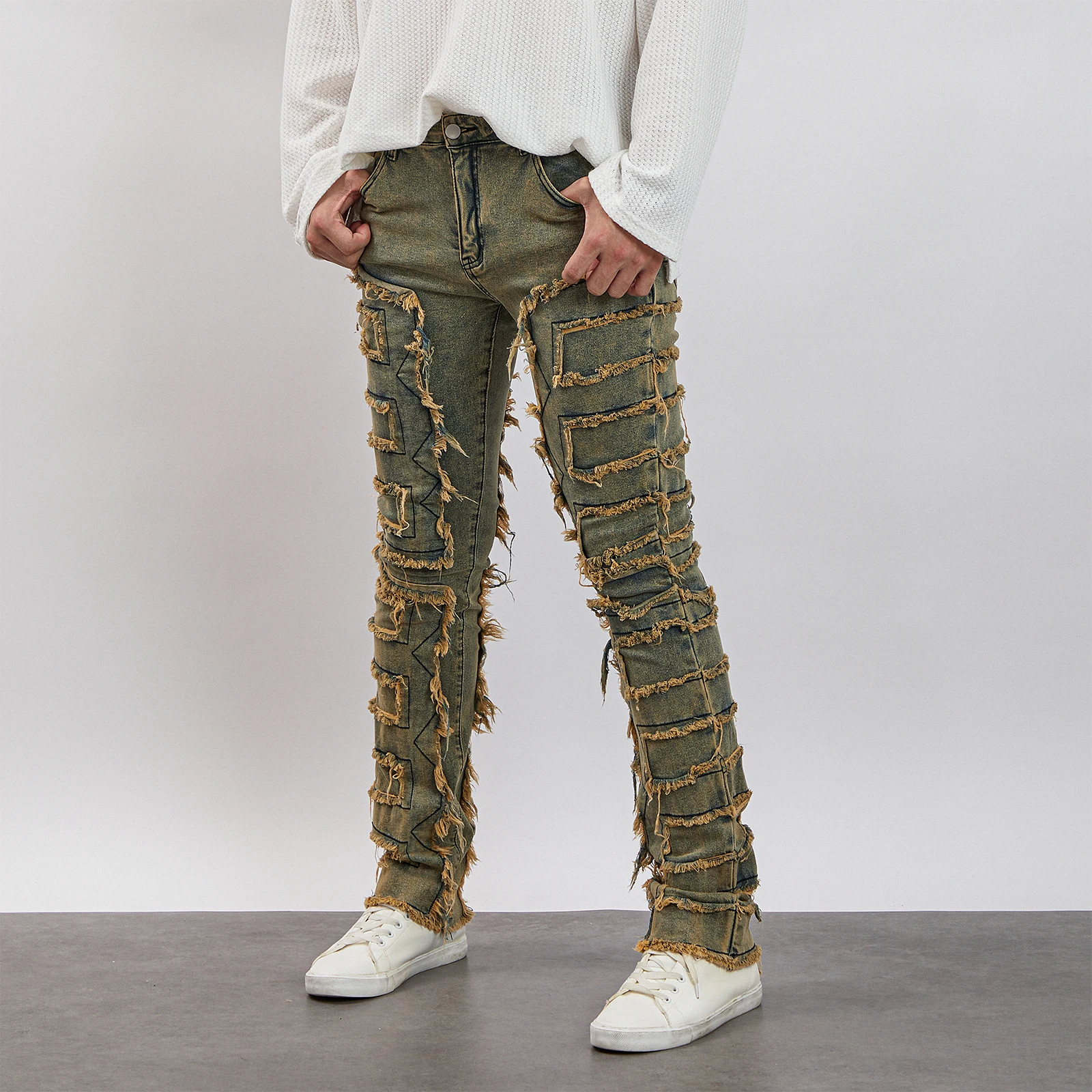 Männer Röhren hose Vintage Patch ausgefranste Jeans hose Frühling Herbst lässige Leggings Hose mit Taschen Streetwear