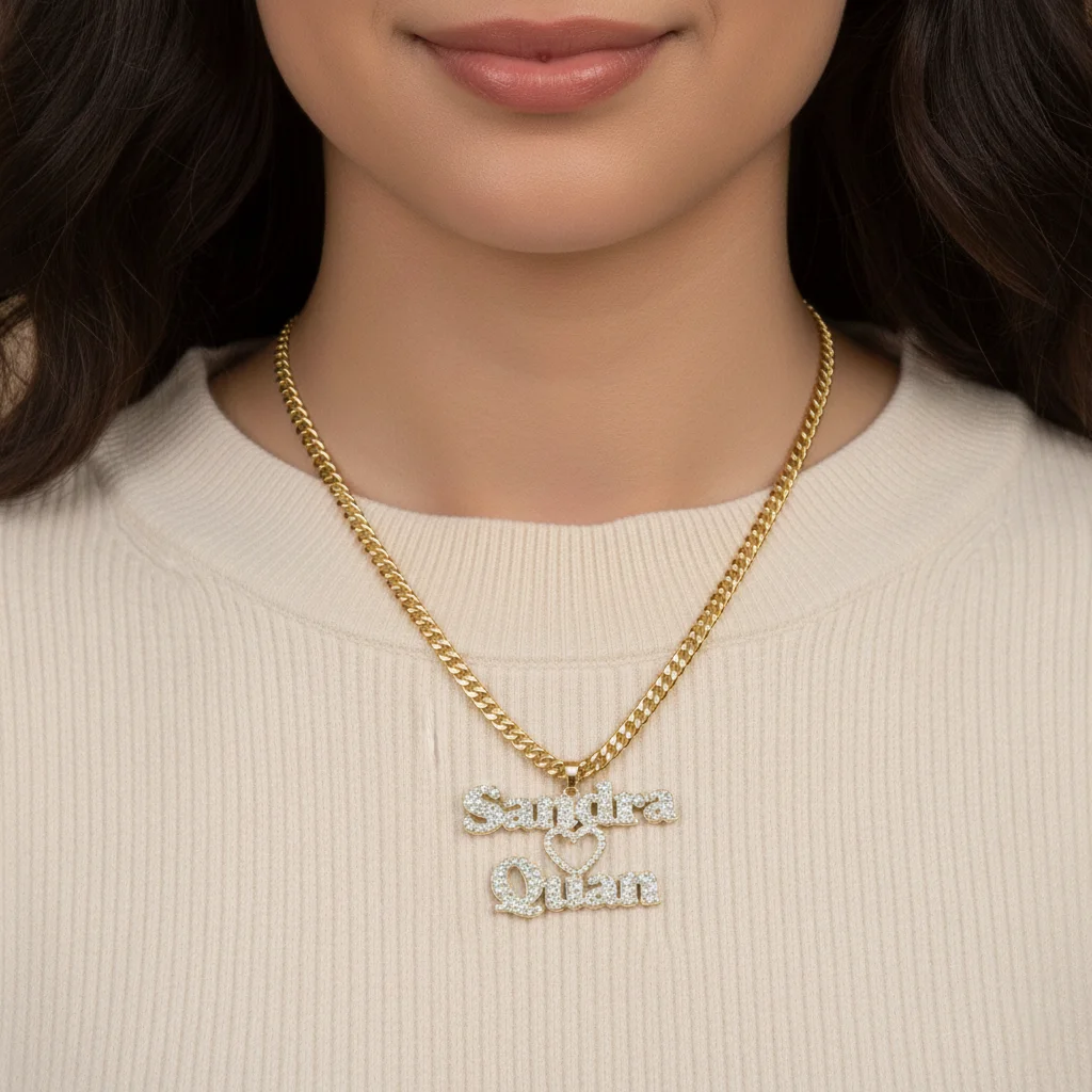 

Customized Zirconia Double Names Necklace Personalized Heart Nameplate Necklace 5mm Cuban Chain HipHop Pendant Couple Jewelry