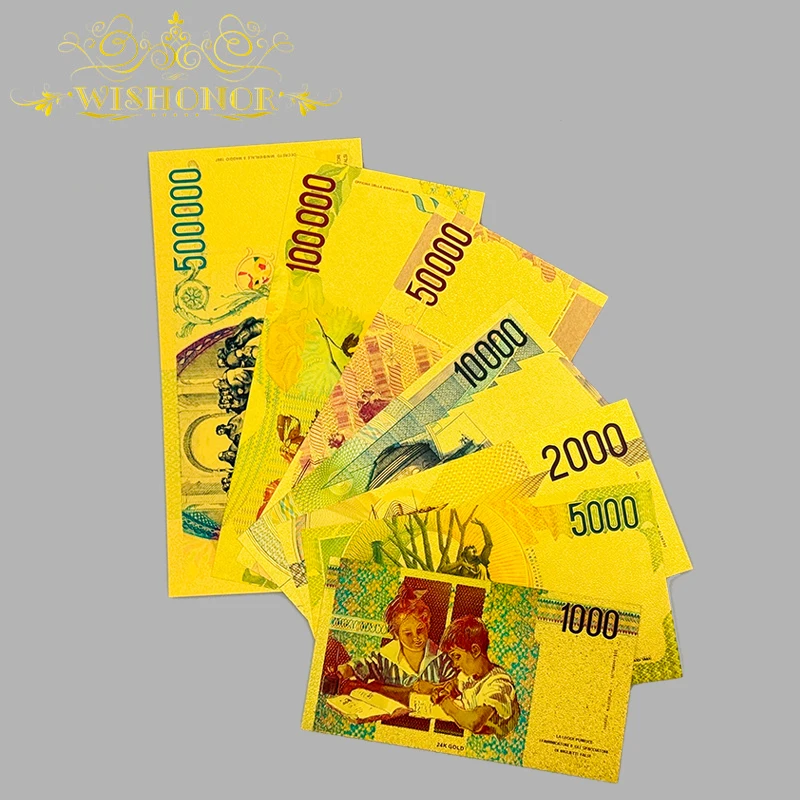 7 قطع/وحدة من الأوراق النقدية الإيطالية اللطيفة Lire الأوراق النقدية المطلية بالذهب عيار 24 قيراط للتجميع
