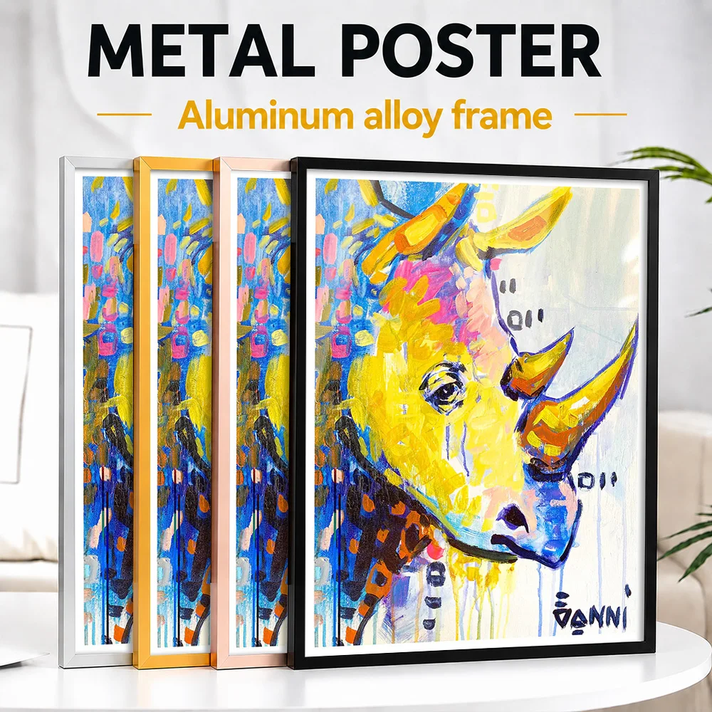 Abstract Rhino Framed Aluminum Metal Poster Customized Photo Expressive Animal Style Wall Art For Studio Memorable Friend Gift
