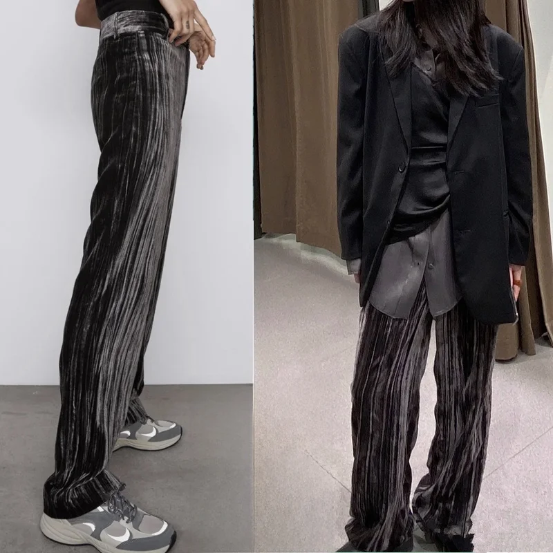 

Женские бархатные брюки с высокой талией, широкими штанинами, повседневные, в уличном стиле, зимние, модные, с карманами, длинные