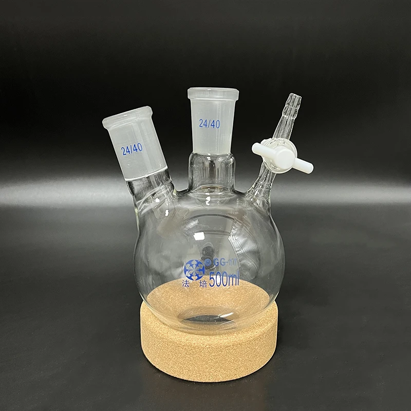 

FAPEI Two-necked reaction bottle oblique shape,Capacity 500ml,Joint 24/40,PTFE switch valve,Two-port reaction flask