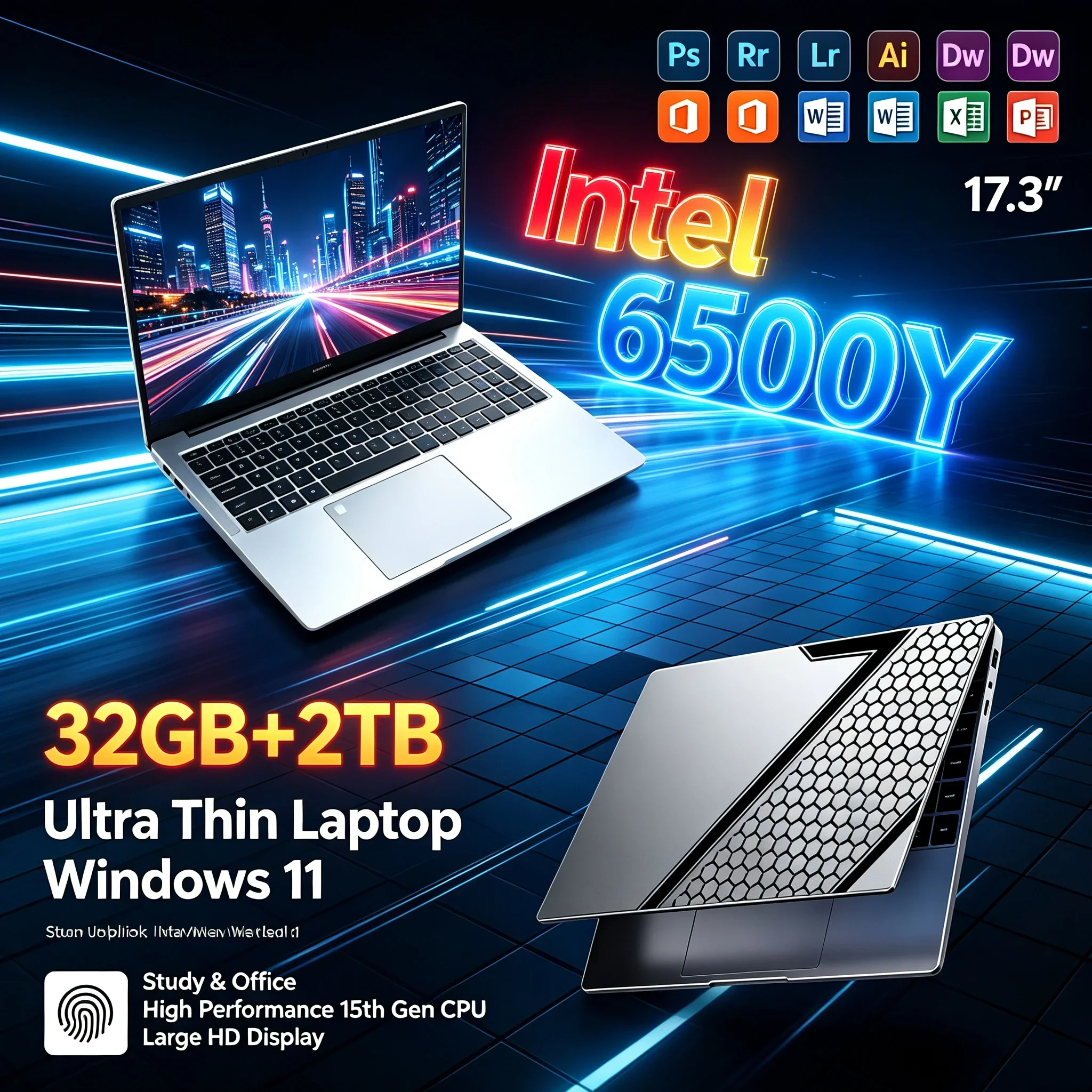 New 17.3'' Windows11 Notebook Intel 6500Y 32GB RAM 1TB 2TB SSD Backlit Keyboard WiFi6 BT5.2 Portable Laptop For Business Home