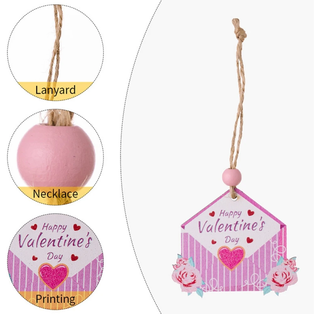 Valentine's Day Wood Ornaments With Ropes 12 Pcs Valentines Tree Decorations, 4 Styles Pendant, Valentine's Day Party Decoration