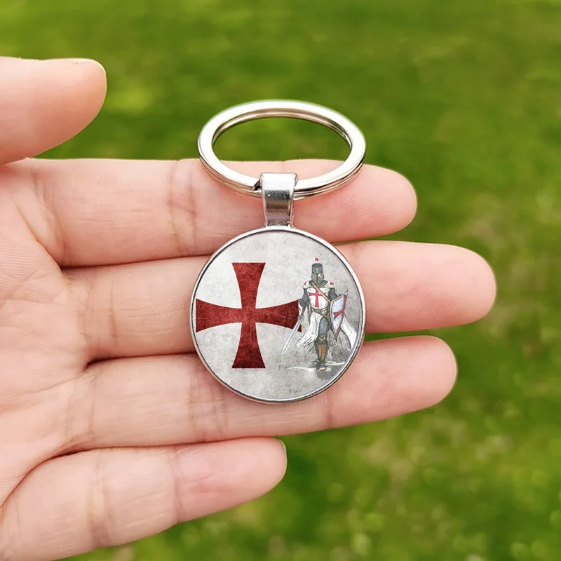 FIMAO Knights Templar Red Cross Keychain Army Crusade Solomon Freemason Symbol Glass Gem Metal Key Ring Holder Jewelry Gifts