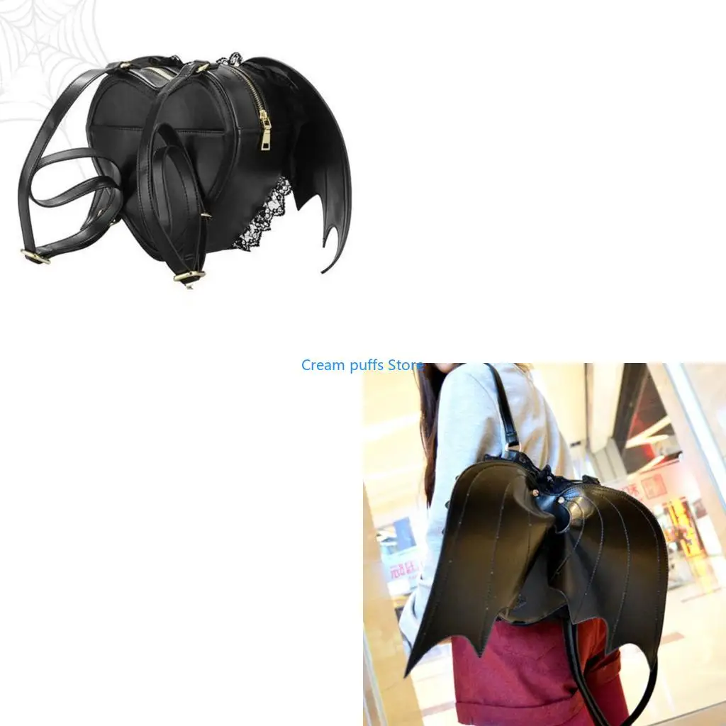 50LE Functional Bat Wing Lace Work PU Bag Rucksack Gothic Daypack for Professionals