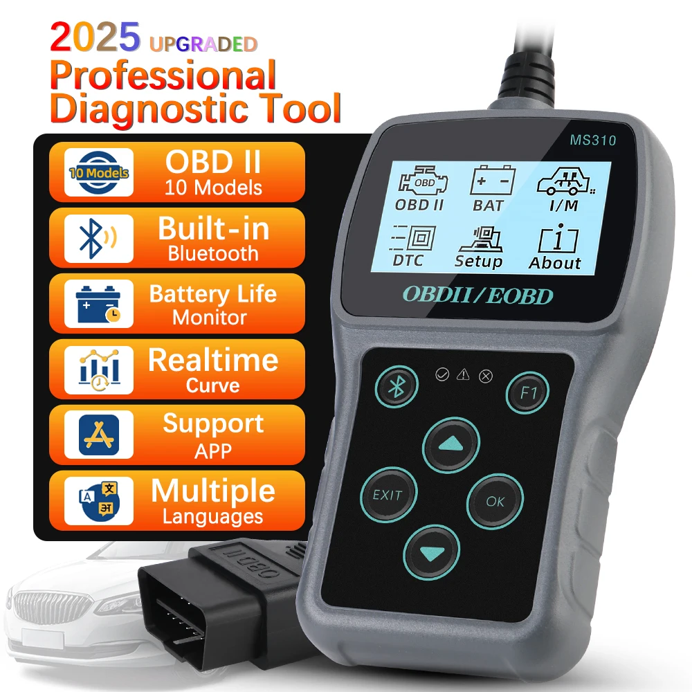 

Автомобильный диагностический сканер, автомобильный OBD2, считыватель кодов, сканер OBDII, четкие/стираемые коды, работа для автомобиля, авто, многоязычный MS310
