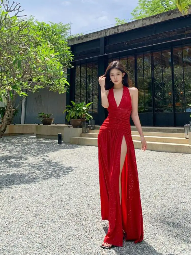 

Summer Red Elegant Sleeveless Off Shoulder V Neck Halter Lace-up Dress Women High Waist Slim Vacation Pleated Split Long Dresses