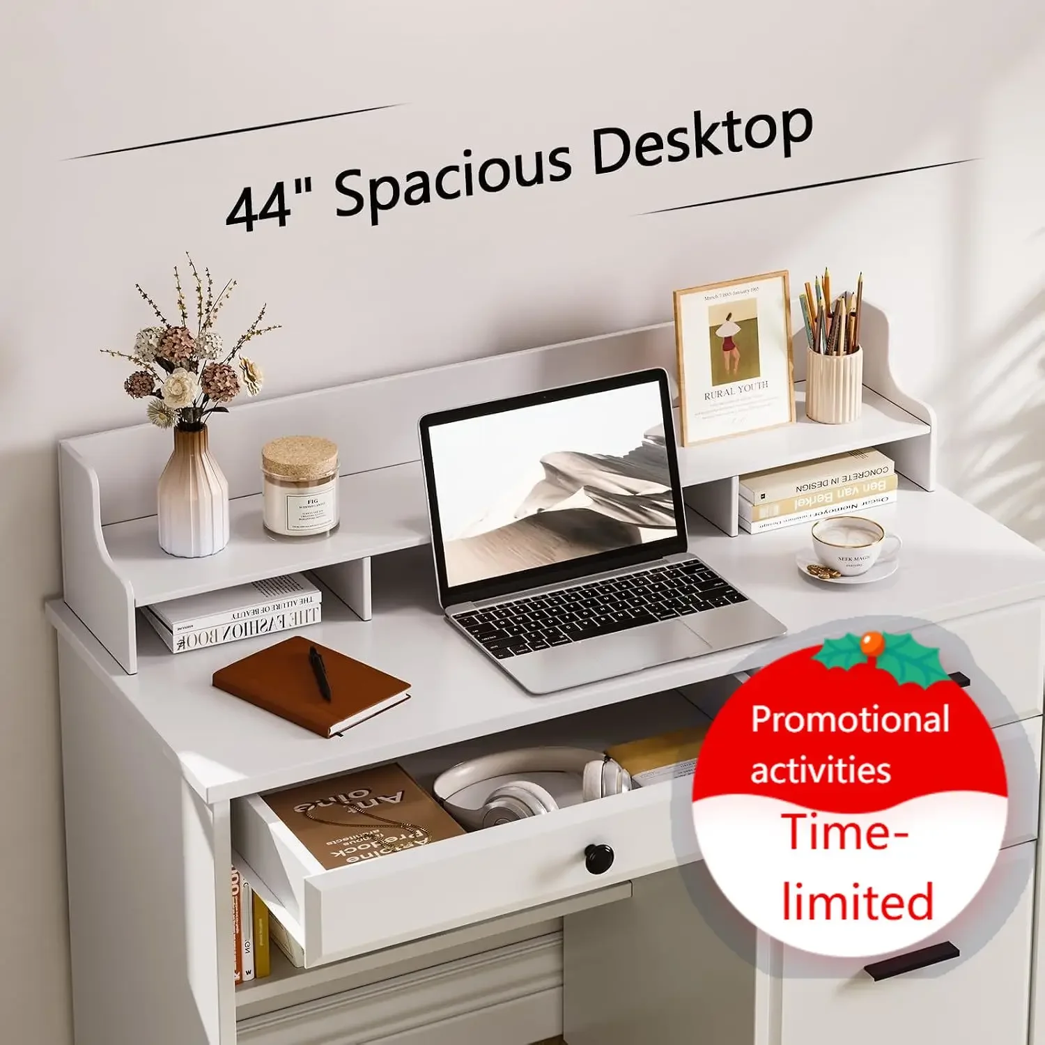 White Desk with Drawers, 44 Inch Small Computer Desk with File Drawer and Monitor Stand, Wood Desk with Storage Shelf for Small