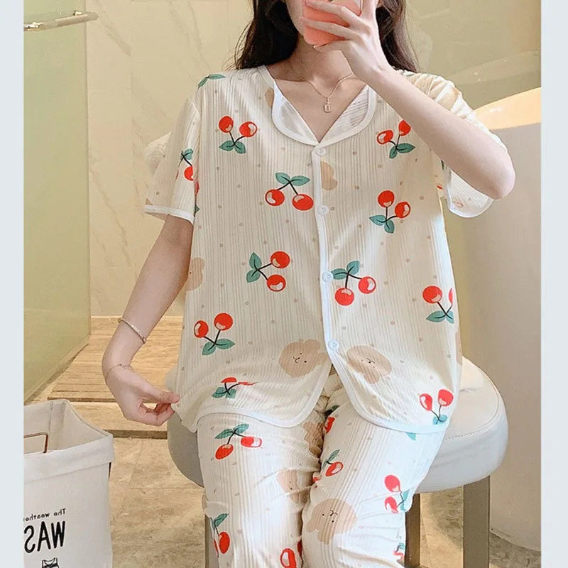 Three-Piece Set Women Sleepwear Silk Short-Sleeved Trousers Pajamas Ladies Cartoon Bear Cherry Lapel Cardigan Sexy Nightwear