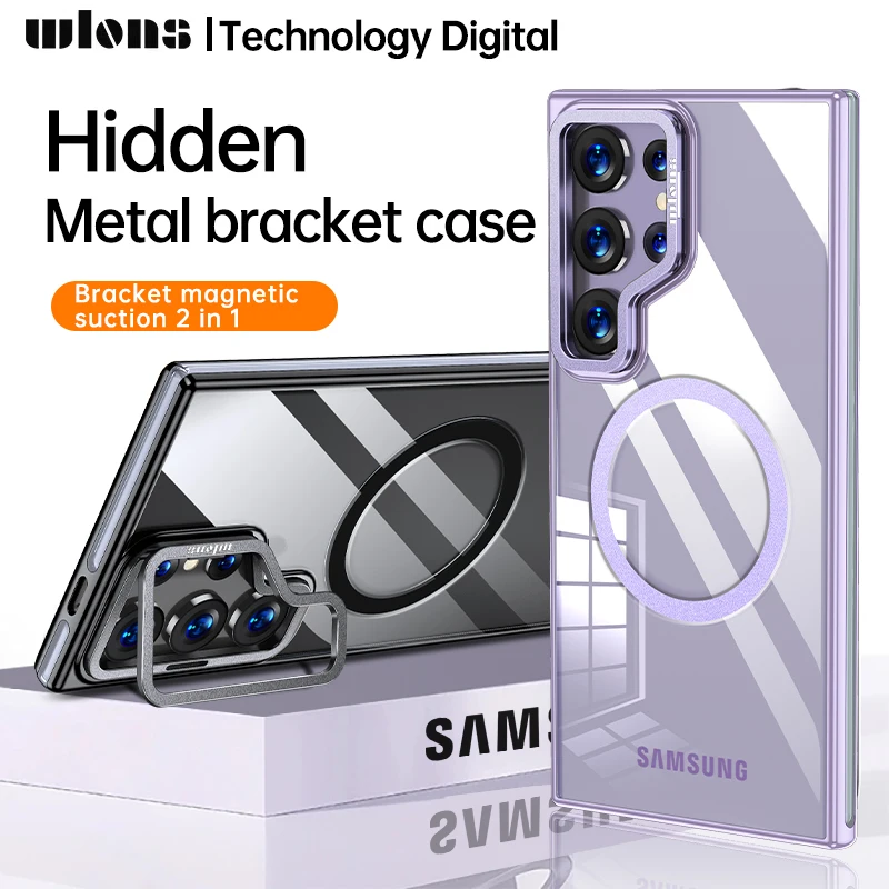 

Transparent Magnetic Magsafe Case for Samsung Galaxy S24 Ultra S24+ Lens Fold Bracket Metal Stand Plating PC Hard Back Cover