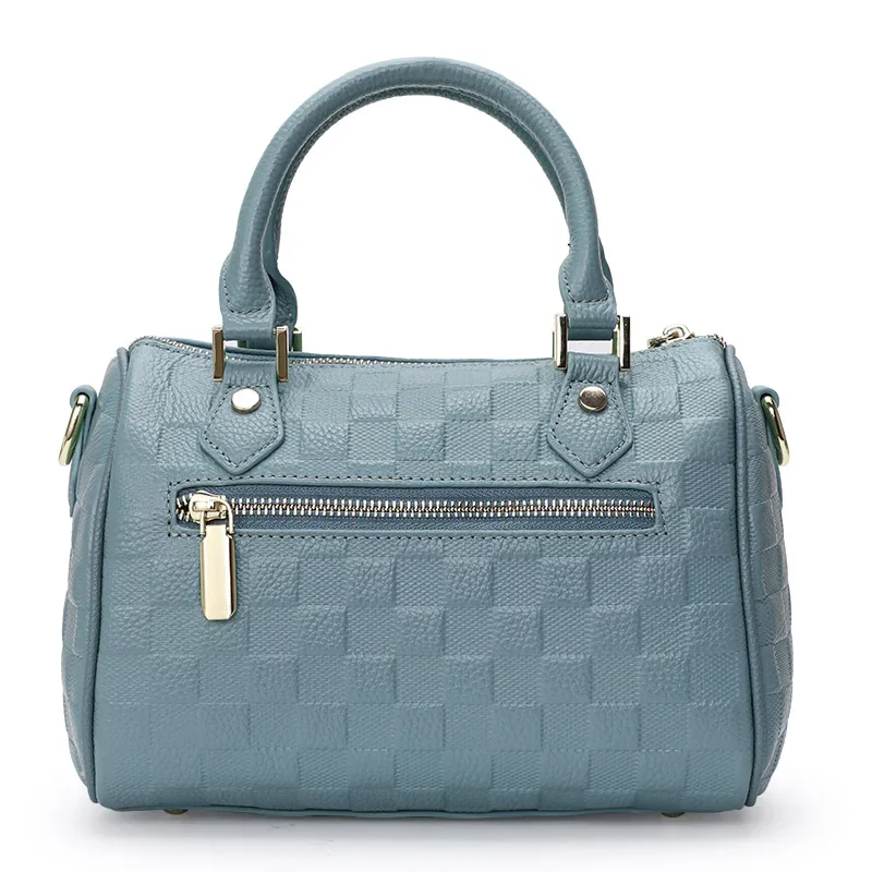 Cowhide Check Embossed Mini Duffle Handbag Detachable Adjustable Cross Strap Multi Pocket Ladies Shoulder Bag Daily Shopping