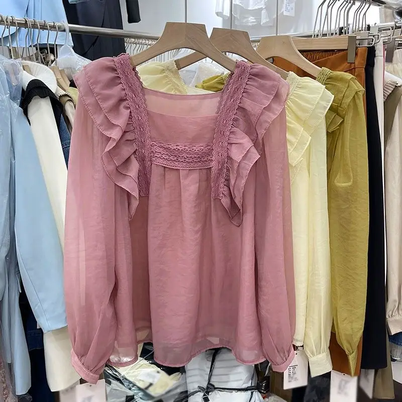 Women Blouse Shirt Long Sleeve Ruffles Chiffon Casual Blouses Pink Beige Yellow Fashion Tops Pullover blusas mujer de moda 2022