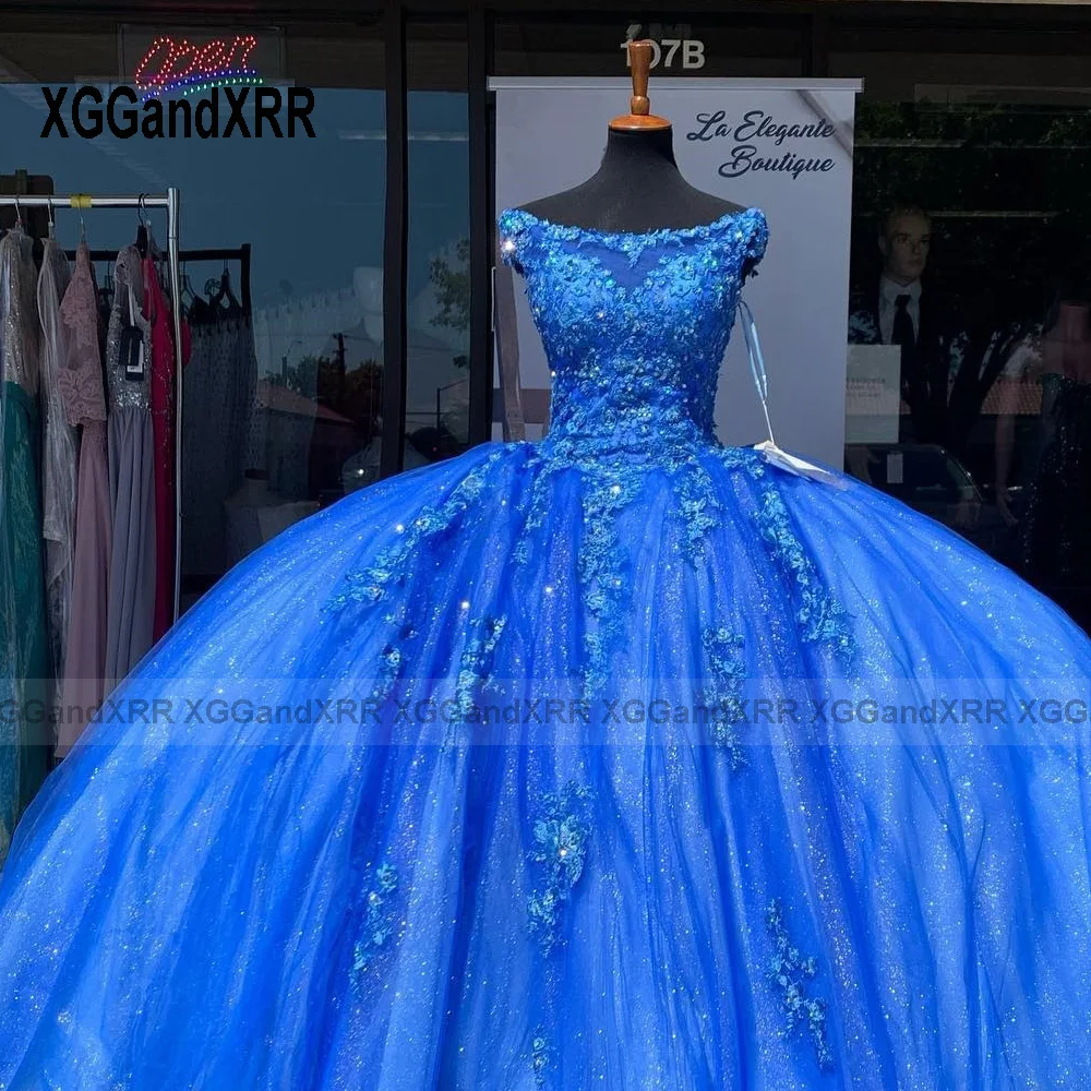 Dalam Mode Gaun Quinceanrea Biru Gaun Bola 2023 Pakaian Pesta Prom Renda Applique Manik-manik Panjang Manis 15 16 Kontes Ulang Tahun Nona