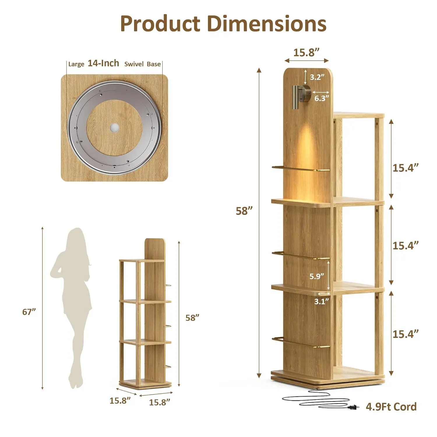 4 Tier Rotating Bookshelf Tower Light 360 Spinning 15.4'' Tall Shelf Square Revolving Bookcase Small Space Corner Bedroom Kid Ro